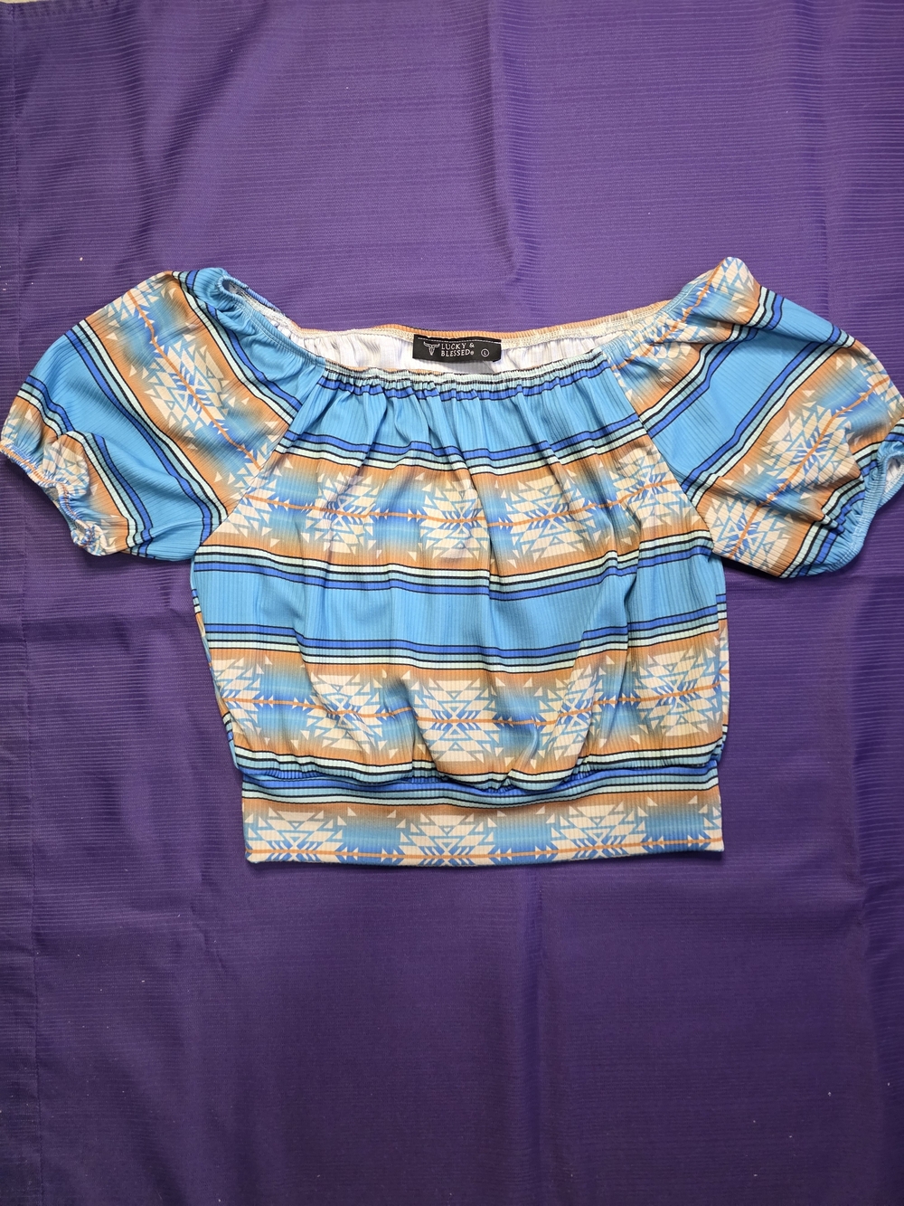 Lucky & Blessed Aztec Patterned Off-Shoulder Crop Top
